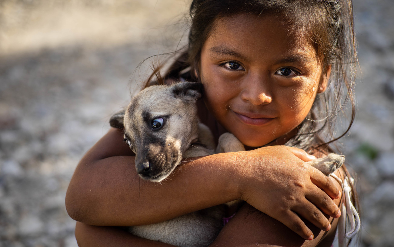 a young girl closely holds a dog