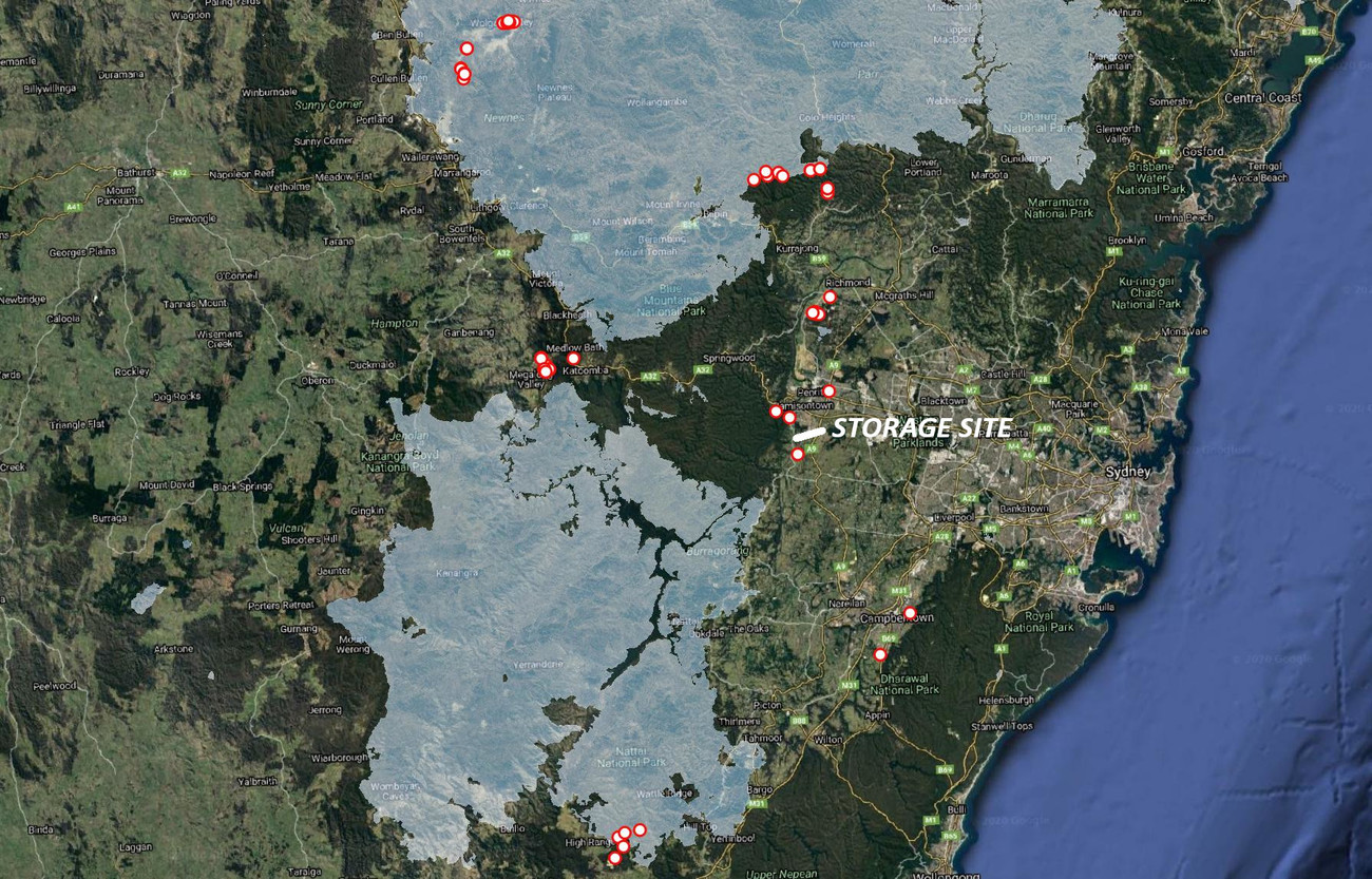 Op een plattegrond van Greater Sydney is te zien waar noodwaterstations zijn geplaatst.