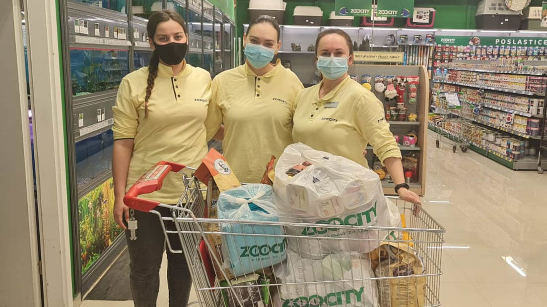 Three women stand inside a pet store next to a cart full of items