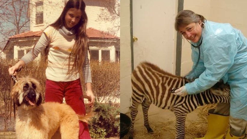 Liz McElroy pictured as a young girl with her dog (left) and in her older ages with a zebra (right). 