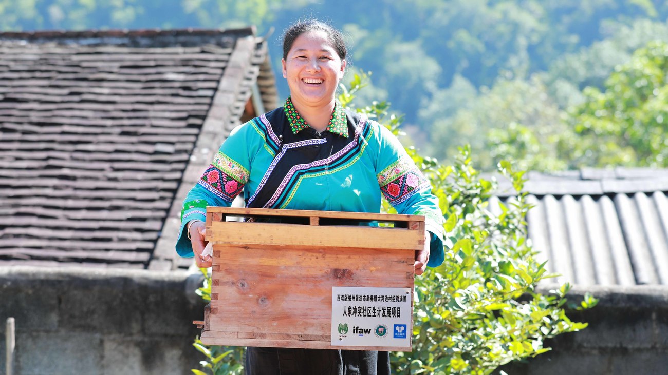 Eine Frau hält eine Box, die als Bienenstock dienen kann.