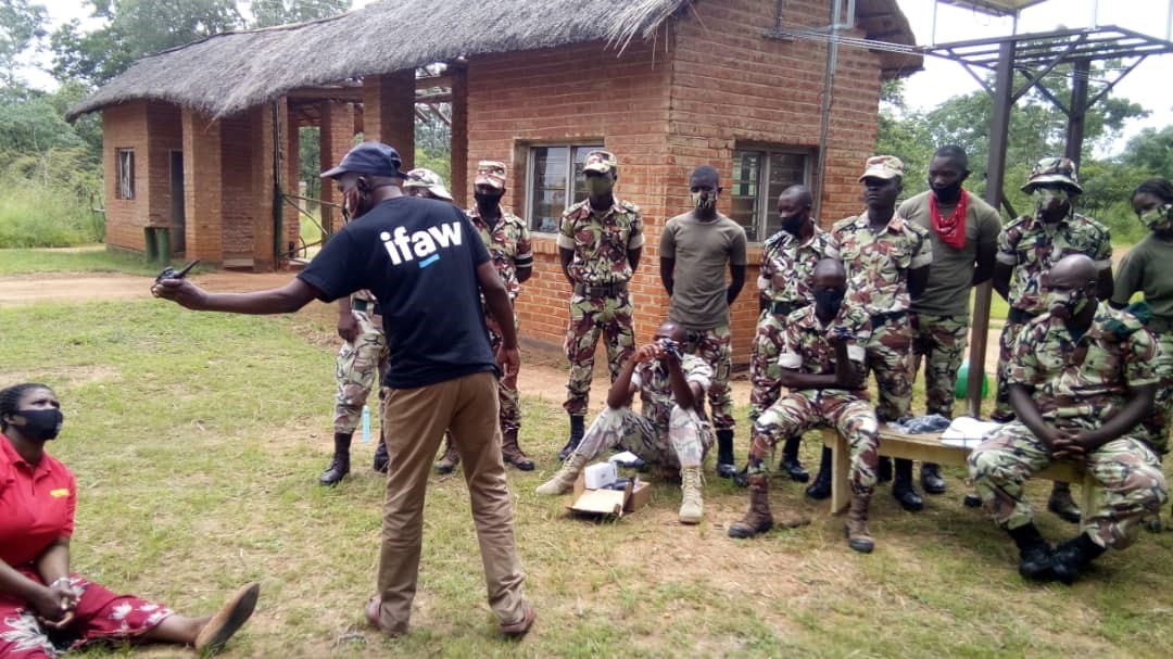Man shows radio to rangers during training in Zimbabwe