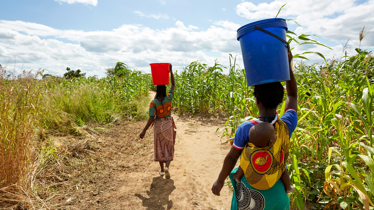 Community members walk with freshly fetched water to their homes, Chikolongo, Malawi.