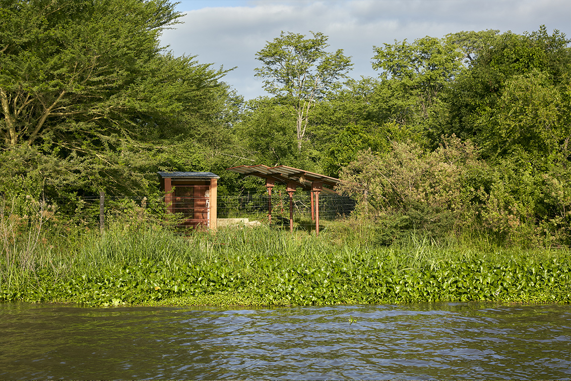 The Chikolongo Livelihood Project solar water pump station, as seen from the Shire River, Liwonde National Park, Malawi.