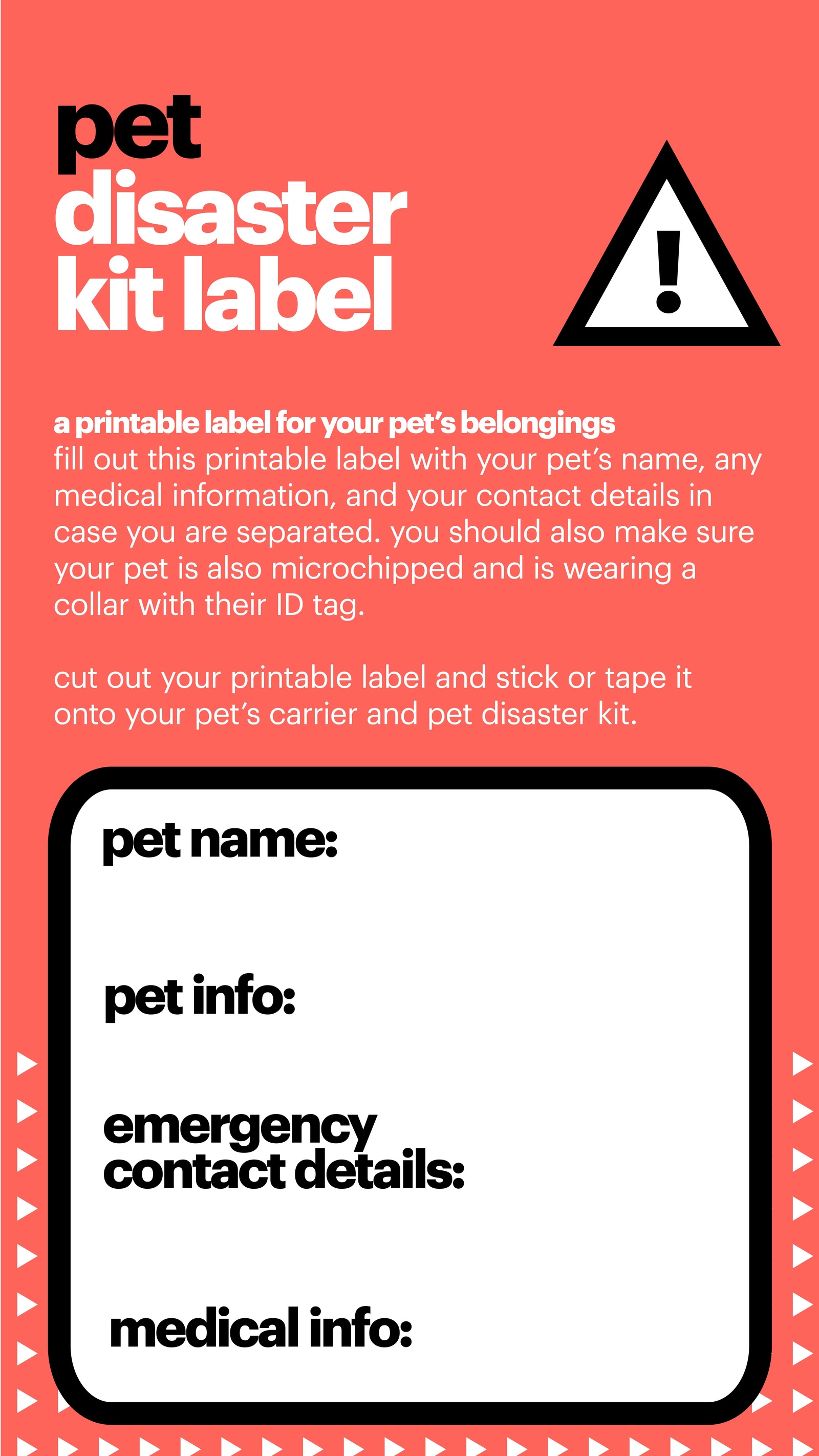 pet disaster kit label to stick on emergency kit for cat or dog