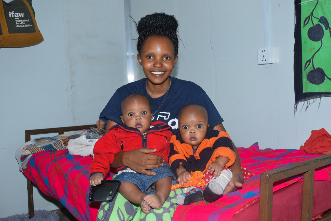 Team Lioness ranger Beatrice Nashipae with six-month old twins Natalie and Matteo