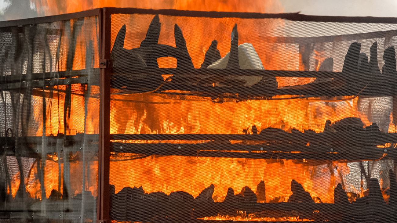 Close-up of rhino horns burning