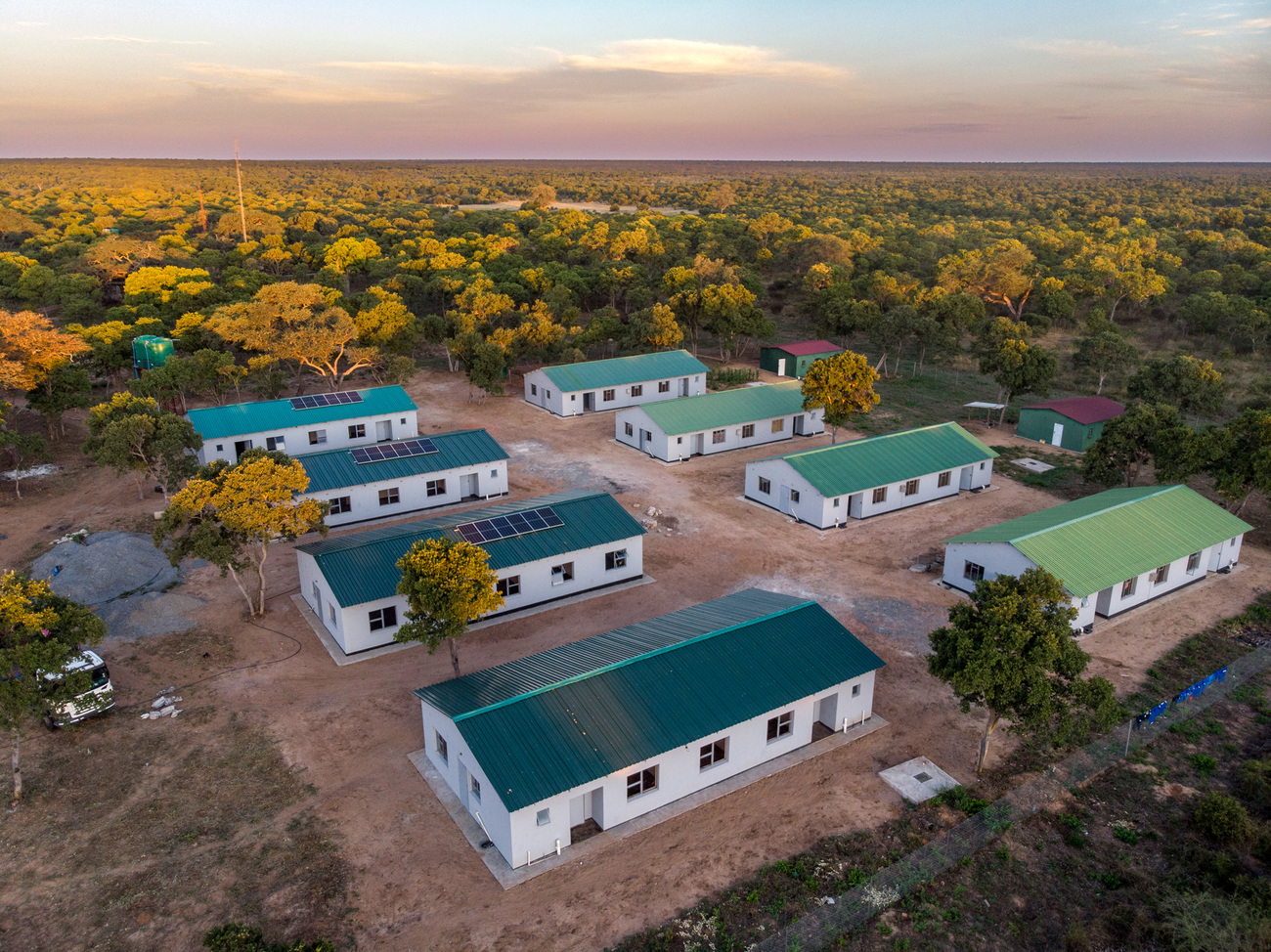 Aerial view of housing for rangers and their families at Makona substation, Hwange National Park’s first modern-era ranger station.