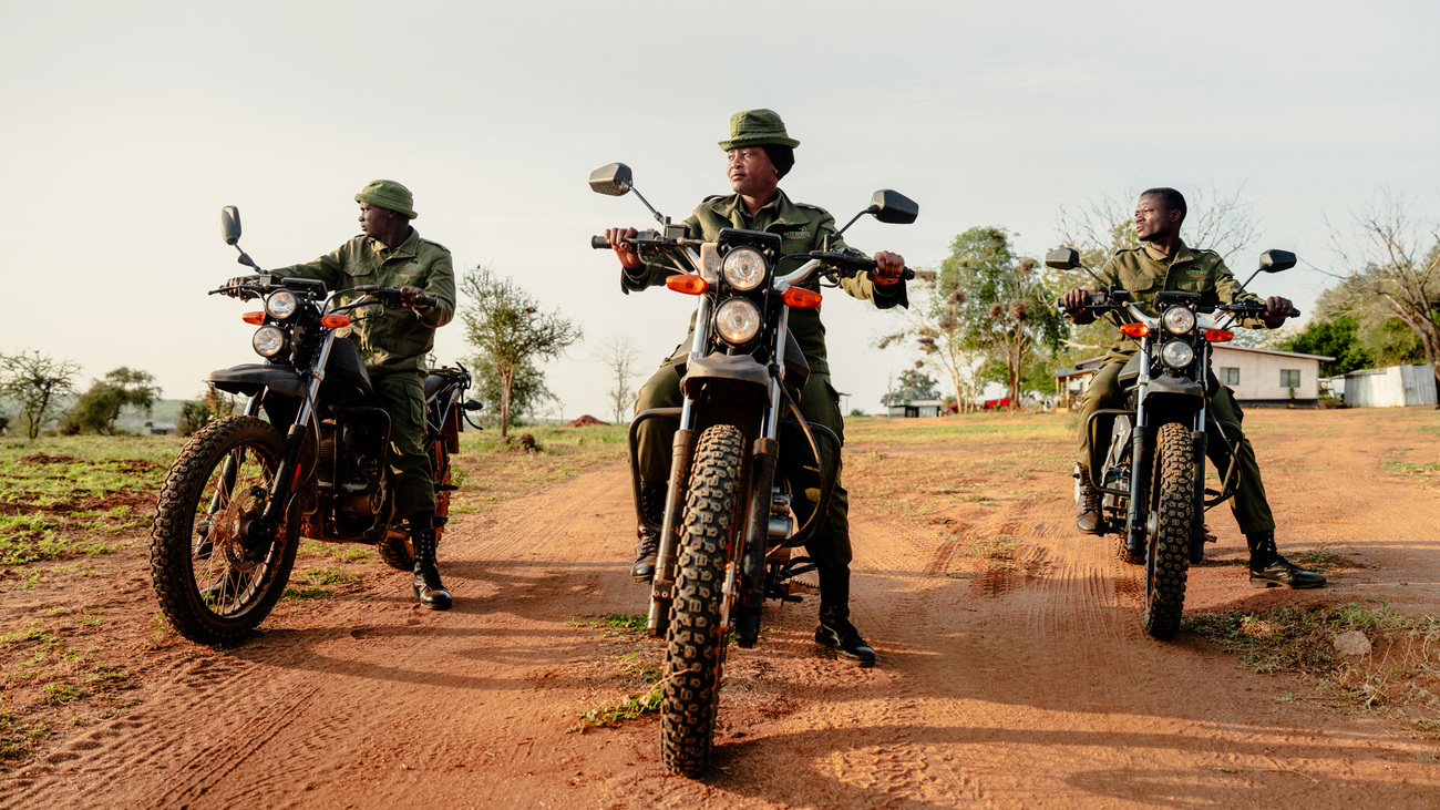 Community rangers in Mgeno Wildlife Conservancy riding Kibo motorbikes donated through IFAW and USAID.