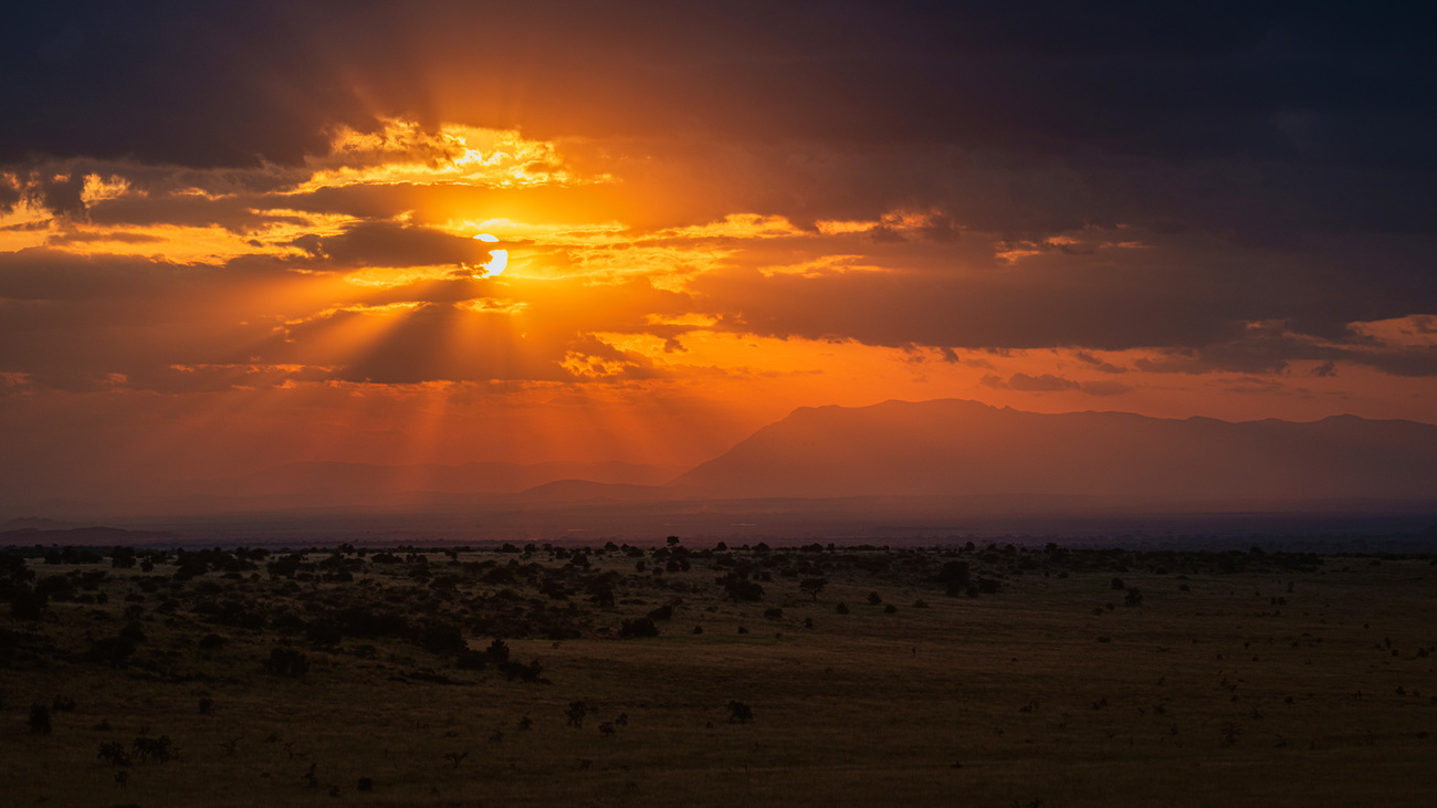 Landscape at sunset in Kitenden Conservancy, Kenya.