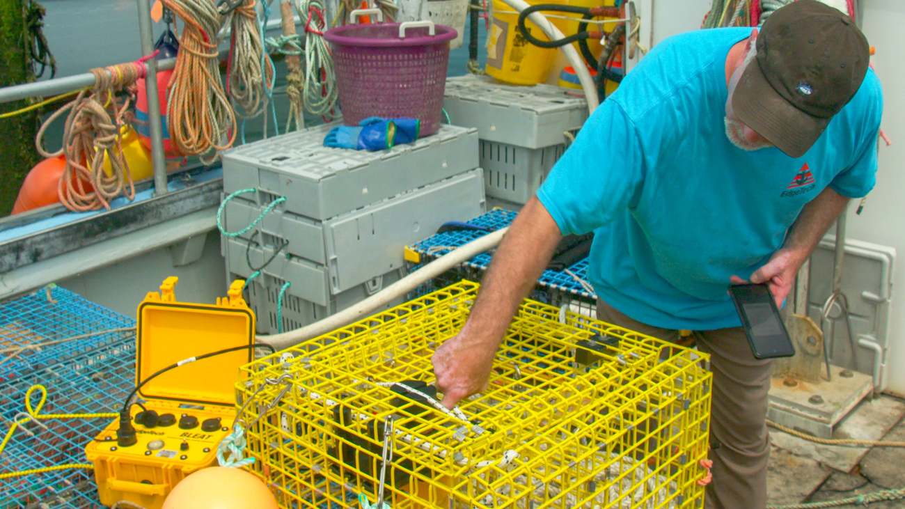 A lobster boat crew member tests on-demand (ropeless) gear in Cape Cod Bay.