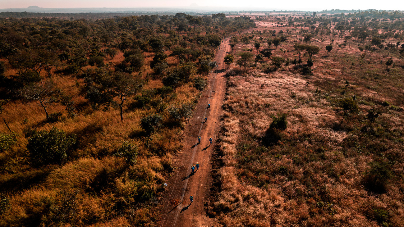 Aerial view of community fence construction in Kasungu, Malawi.