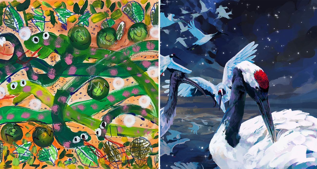 Links: Winnaar van 'Traditionele kunstvorm' en 'Beste van 4-6 jaar', door Isaac Alvin Lam (4), Hong-Kong // Rechts: Winnaar van 'Digitale kunstvorm', door Noh Sangeun (18), Singapore.