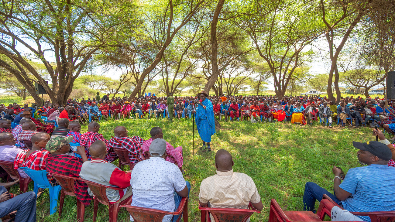 Mr. Daniel Leturesh, Chairman of Olgulului Land Trust engages over 1,000 landowners from the Maasai community during the Special General Meeting in Mashenani, Kajiado County.