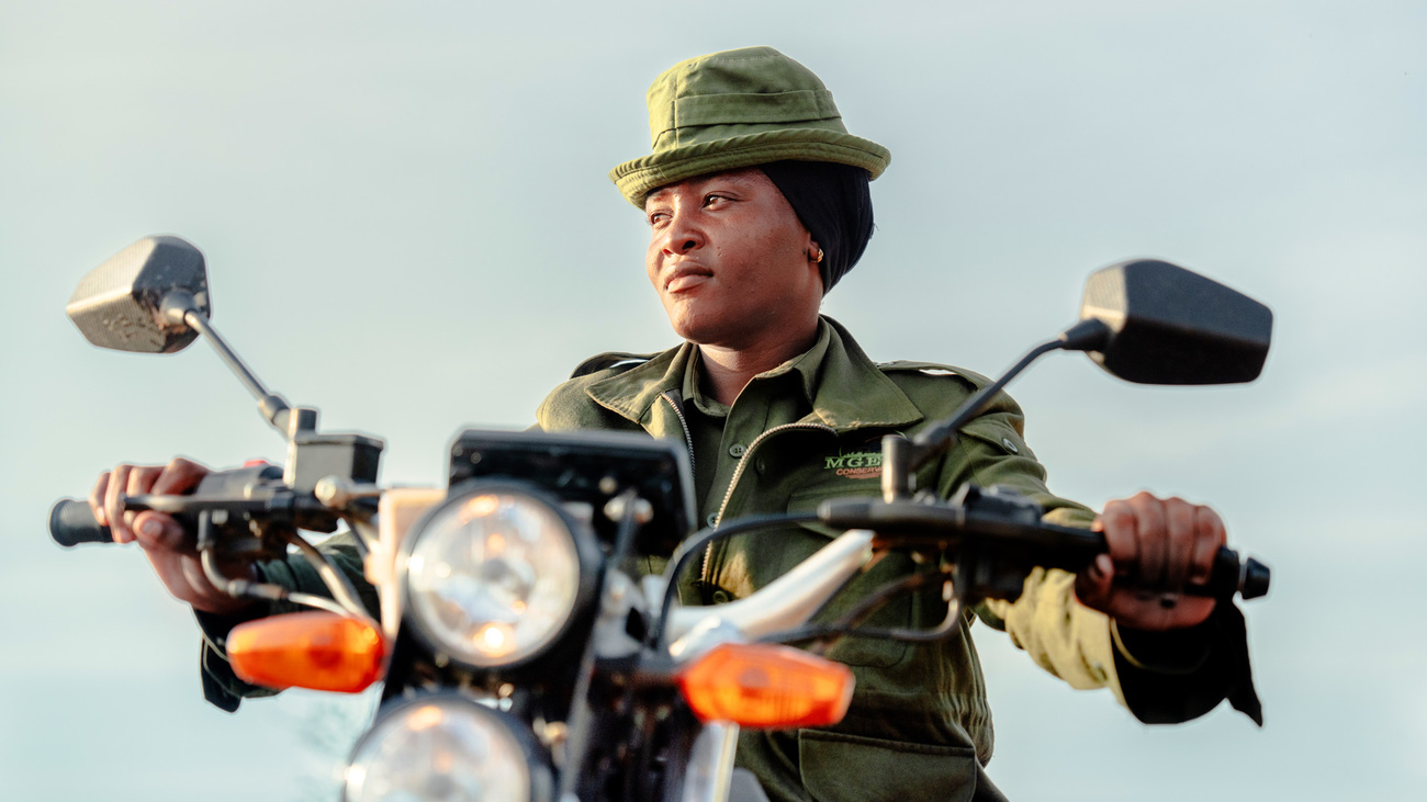 A community ranger in Mgeno Wildlife Conservancy riding a Kibo motorbike donated through IFAW and USAID.