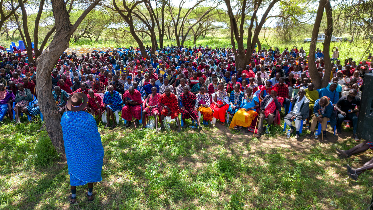 Mr. Daniel Leturesh, Chairman of Olgulului Land Trust engages over 1,000 landowners from the Maasai community during the Special General Meeting in Mashenani, Kajiado County.