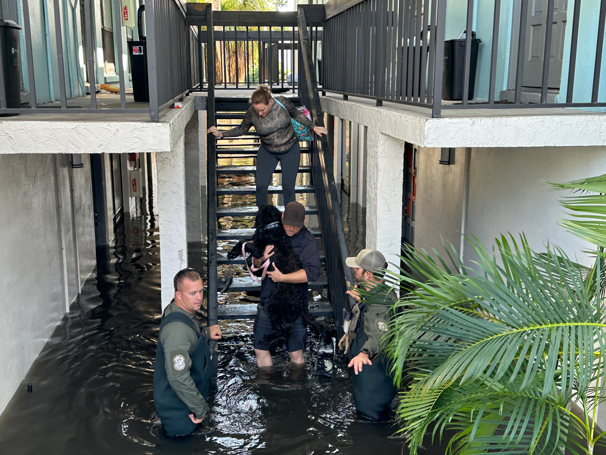 In Florida, people and a dog are being rescued from their home which flooded due to Hurricane Milton.