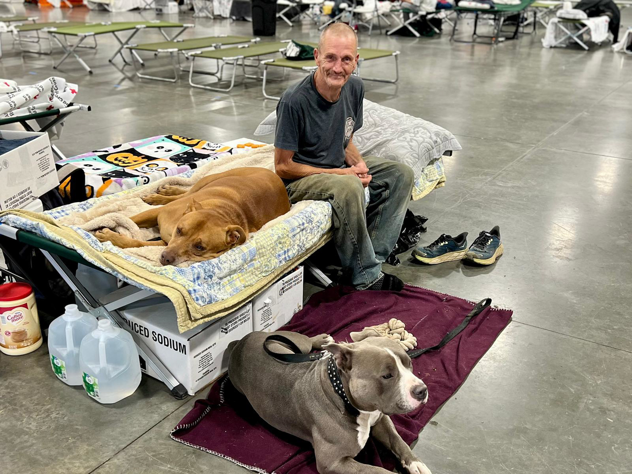 An owner with his dog at an IFAW-supported shelter in Asheville, North Carolina, after being displaced by Hurricane Helene.