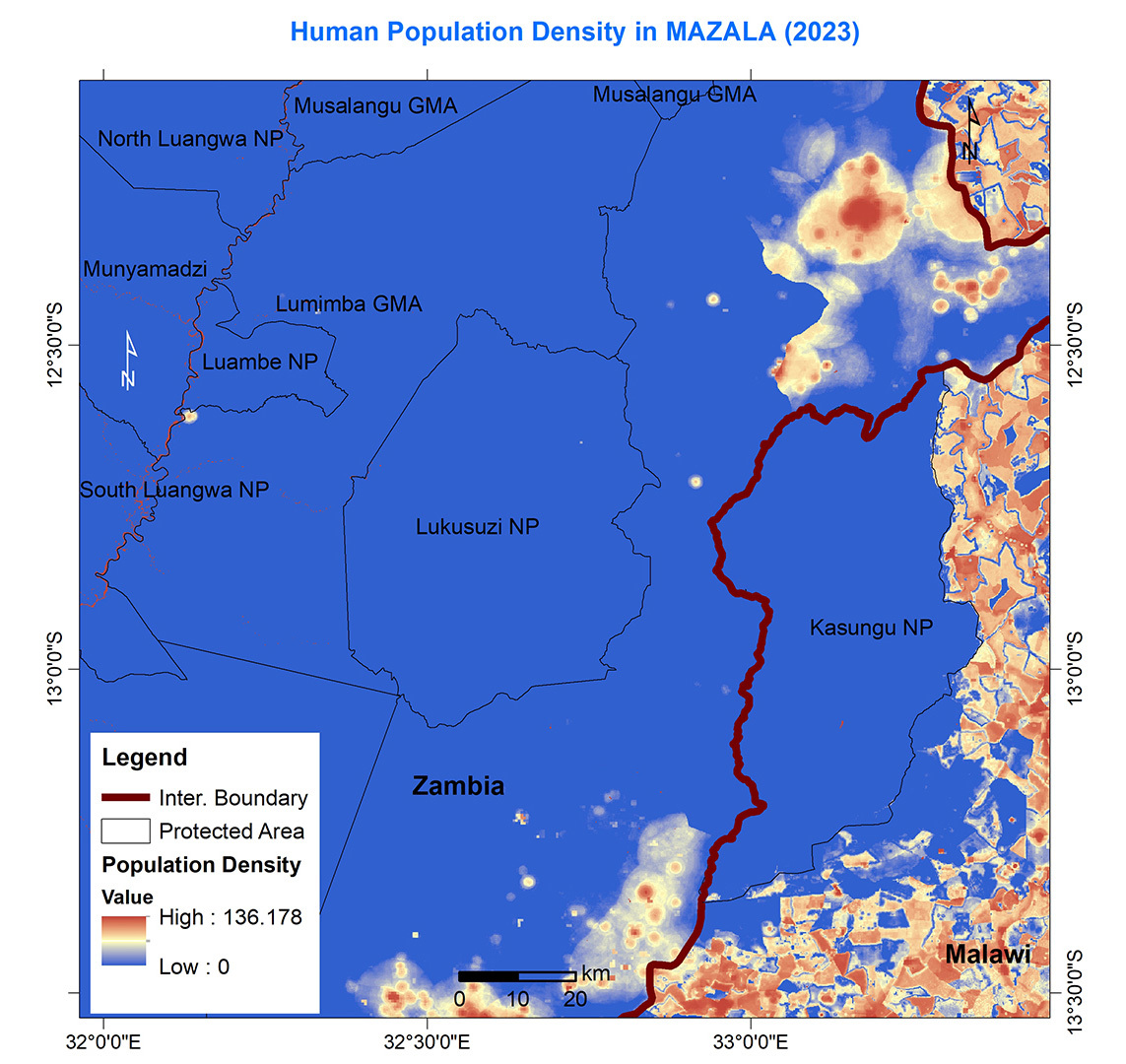 Map showing the human population density in the Malawi-Zambia landscape as of 2023.