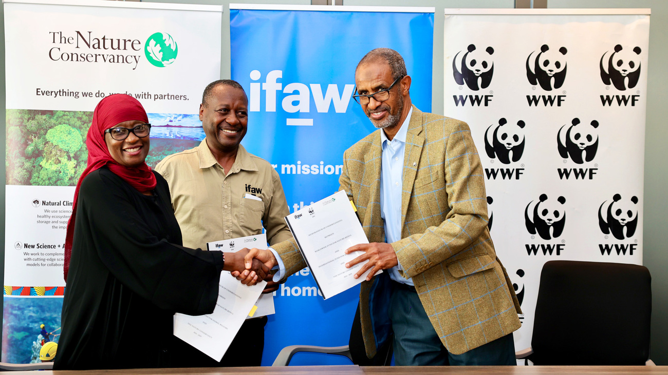 Munira Bashir from the Nature Conservancy, James Isiche (Africa Director, IFAW) and Mohamed Awer (CEO of WWF-Kenya) sign the tripartite agreement to accelerate greater conservation impact in Kenya.