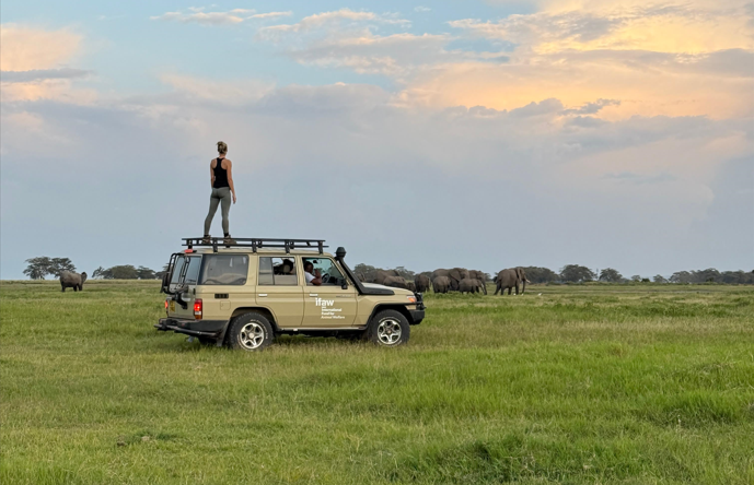 Nicolette kijkt naar een groep olifanten in het gemeenschapsland rondom Amboseli National Park in Kenia.