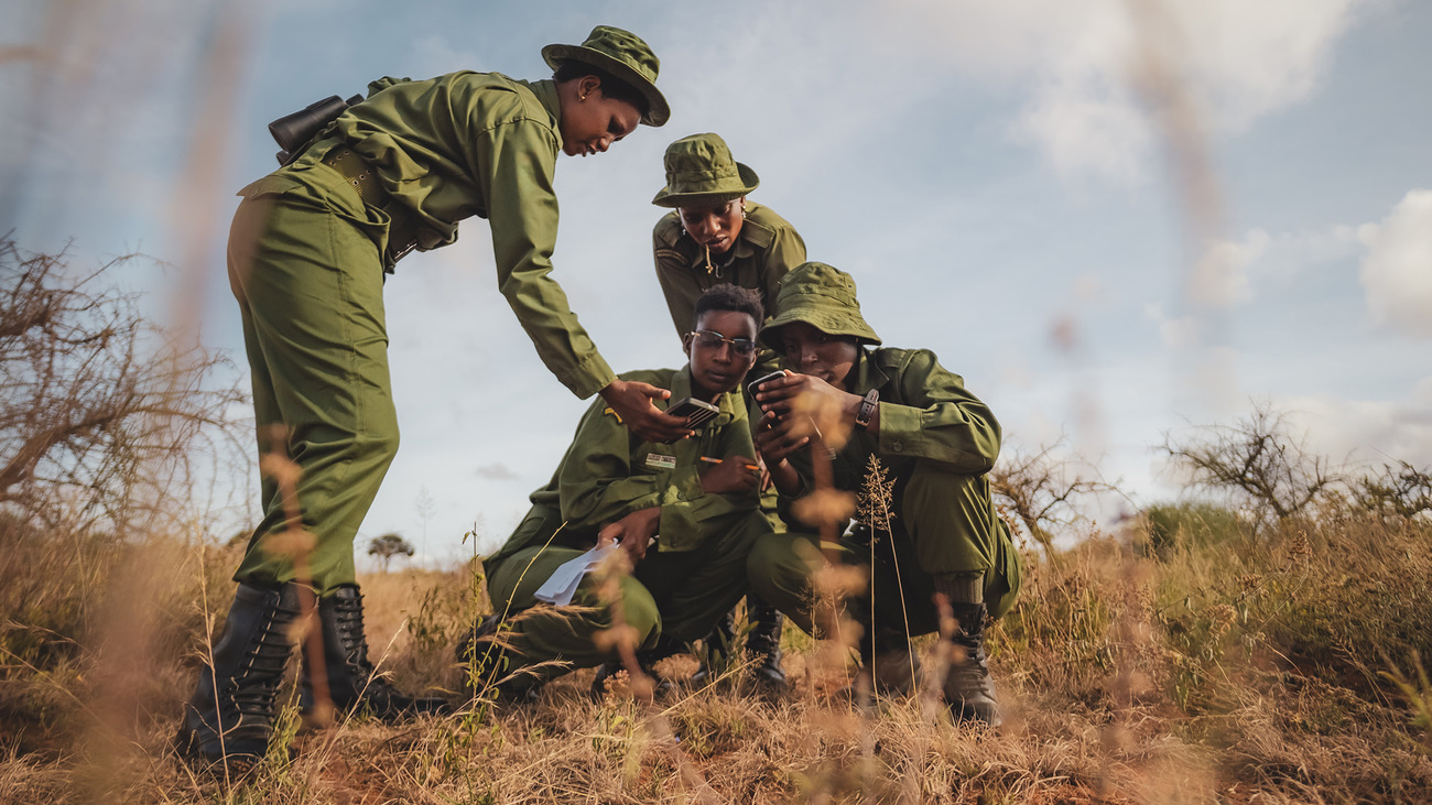 Team Lioness rangers conduct a daily foot patrol through the Amboseli landscape, monitoring wildlife movements and working to reduce human-wildlife conflict in surrounding communities.