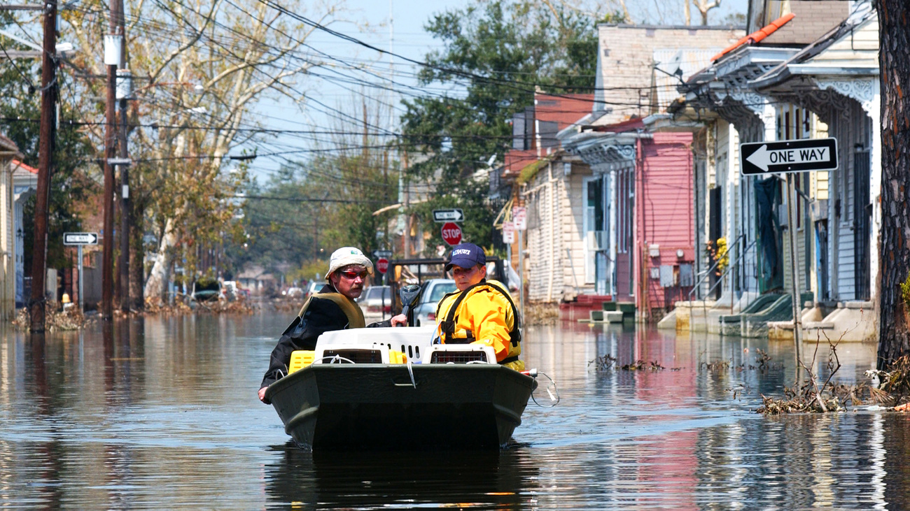 Jim Bollar from Houston SPCA and Shirley Minshew from IFAW on a boat in flooded street in New Orleans