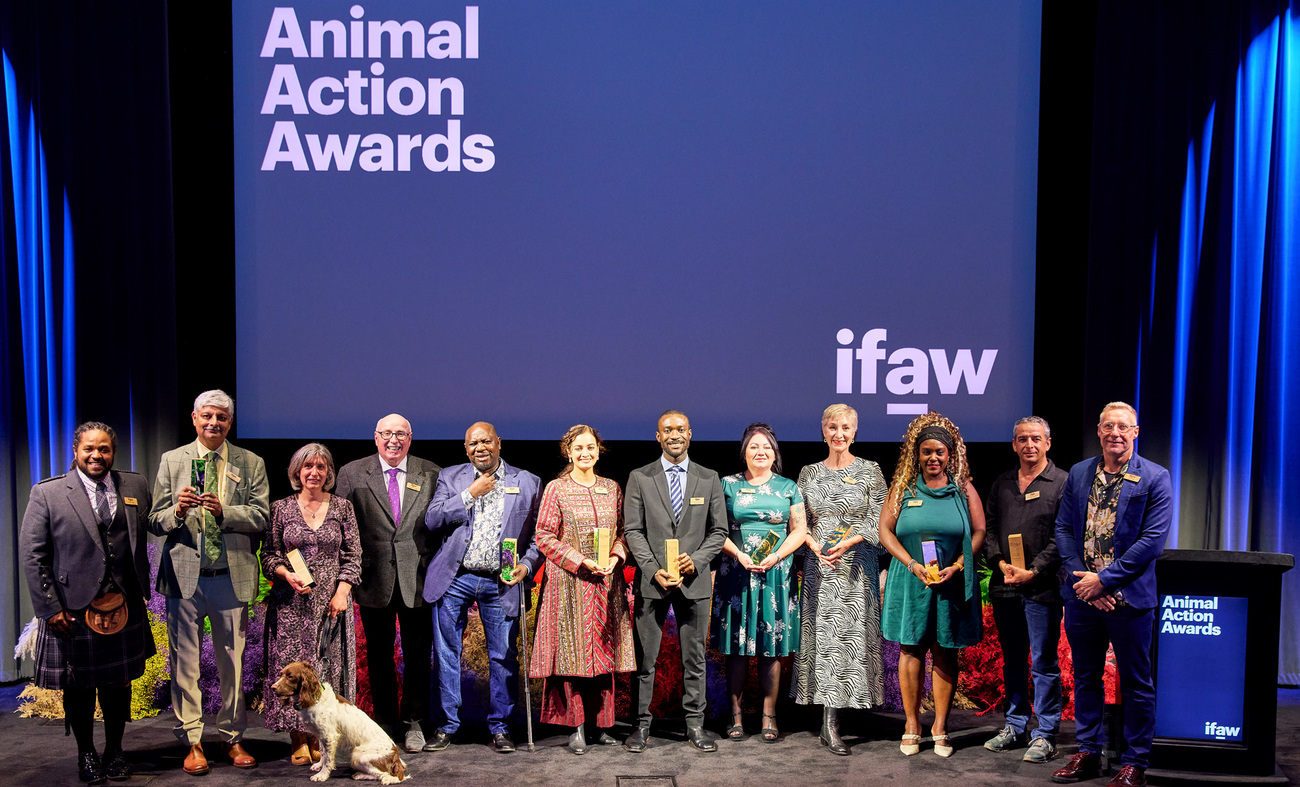 (from left to right) Hamza Yassin, Vivek Menon, Reid (dog), Rachel Cripps, Azzedine Downes, Bantu Lukambo, Dia Mirza, Charles Emogor, Roisin Campbell-Parker, Camilla van Aarde, Mboone Umbima (David Rio), Dipesh Pabari and Jason Bell at Animal Action Awards 2024.