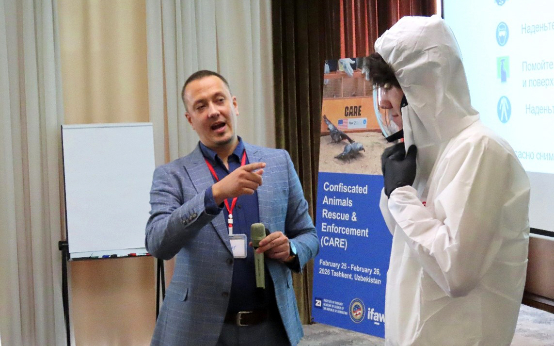 Demonstration of the use of personal protective equipment at the CARE training of the trainers workshop held in Uzbekistan in February 2026.