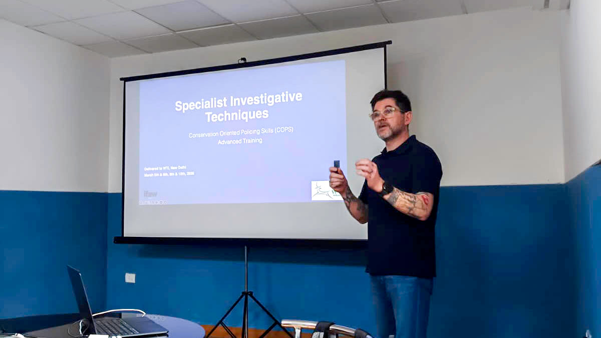 Christian Plowman, Program Manager of Wildlife Cyber Crime at IFAW, presenting at the regional coordination meeting in Nepal hosted by SAWEN, WTI, and IFAW, with delegates from Bhutan, India, Nepal, and Sri Lanka. 