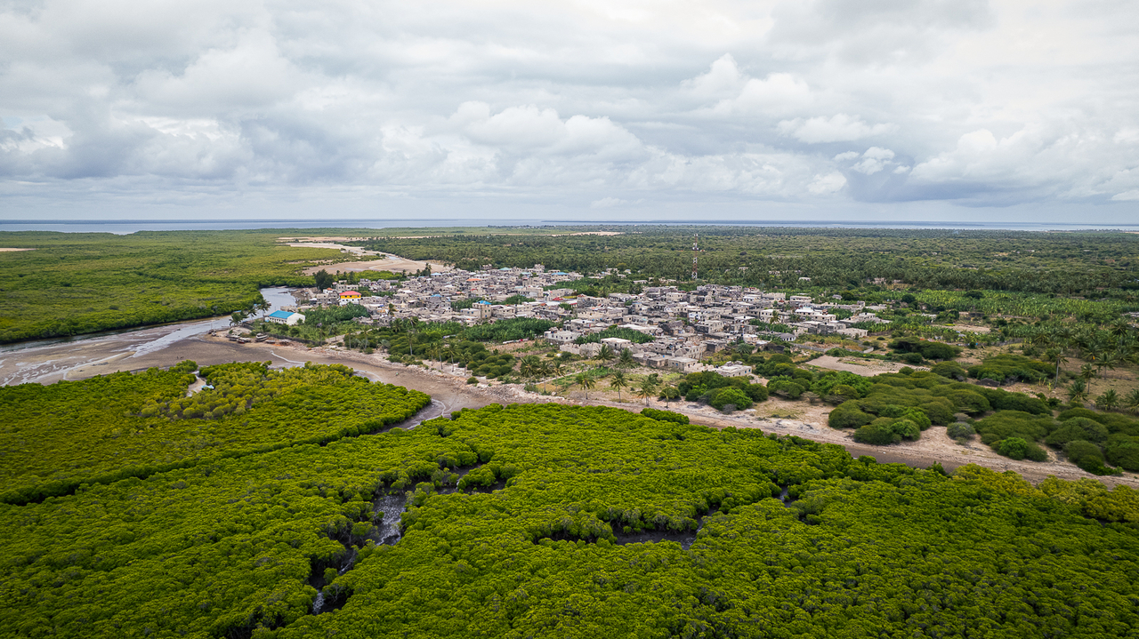 An aerial view shows Pate village bordered by mangroves in Lamu, Kenya.