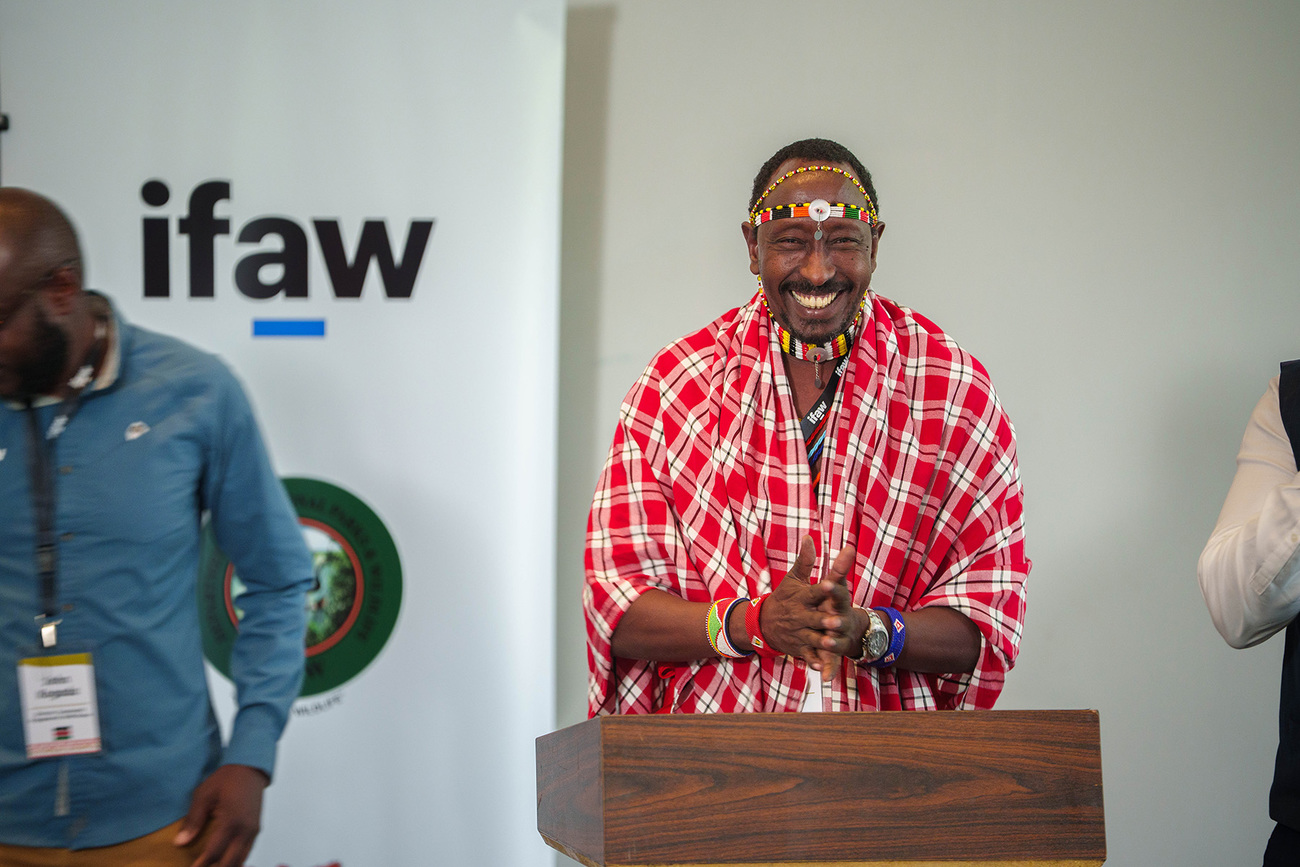 Tom Lesarge, senior leader of the Samburu community in Kenya, speaks at the African Traditional Leaders Conservation Network summit in Lusaka, Zambia.